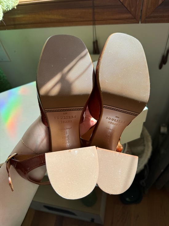 Sezane Brown Leather Mary Jane Block Heel Sandals - Picture 3 of 7